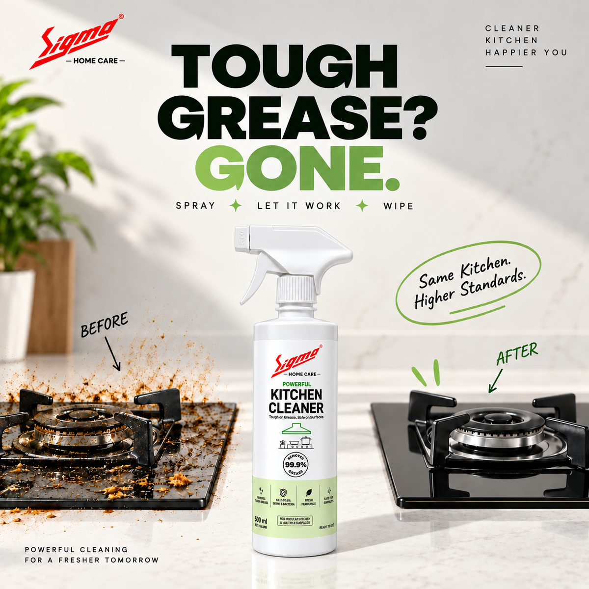 Sigma Home Care Kitchen Cleaner | Tough Grease & Oil Remover Spray | Fast & Easy Cleaning of Stoves, Chimneys, Countertops, Sinks & Tiles | Removes Stubborn Kitchen Stains & Grime | 500ml