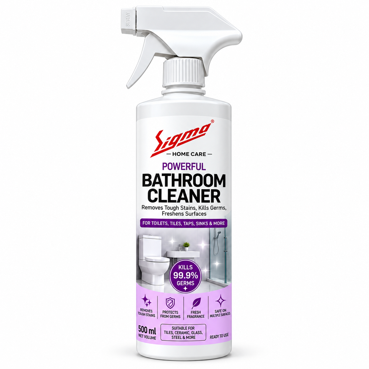SIGMA Powerful Bathroom Cleaner Spray | Toilet, Tile, Tap & Sink Cleaner | Removes Tough Stains, Soap Scum & Dirt | Fresh Fragrance | Ready to Use | 500 ml