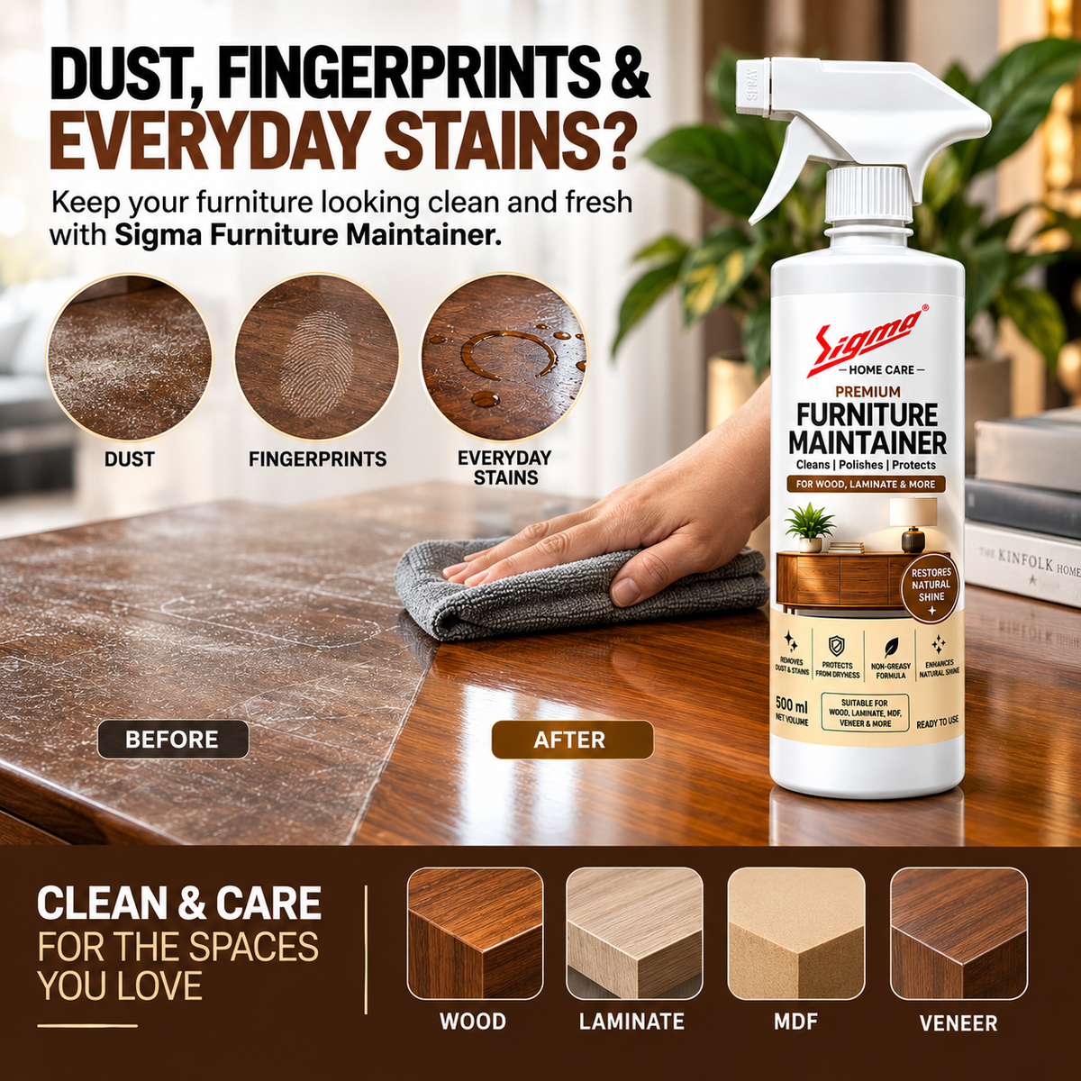 Sigma Premium Furniture Maintainer | Furniture Polish & Cleaner Spray for Wood, Laminate, MDF & Veneer | Cleans, Polishes & Protects | Non-Greasy Formula | Restores Natural Shine | 500 ml