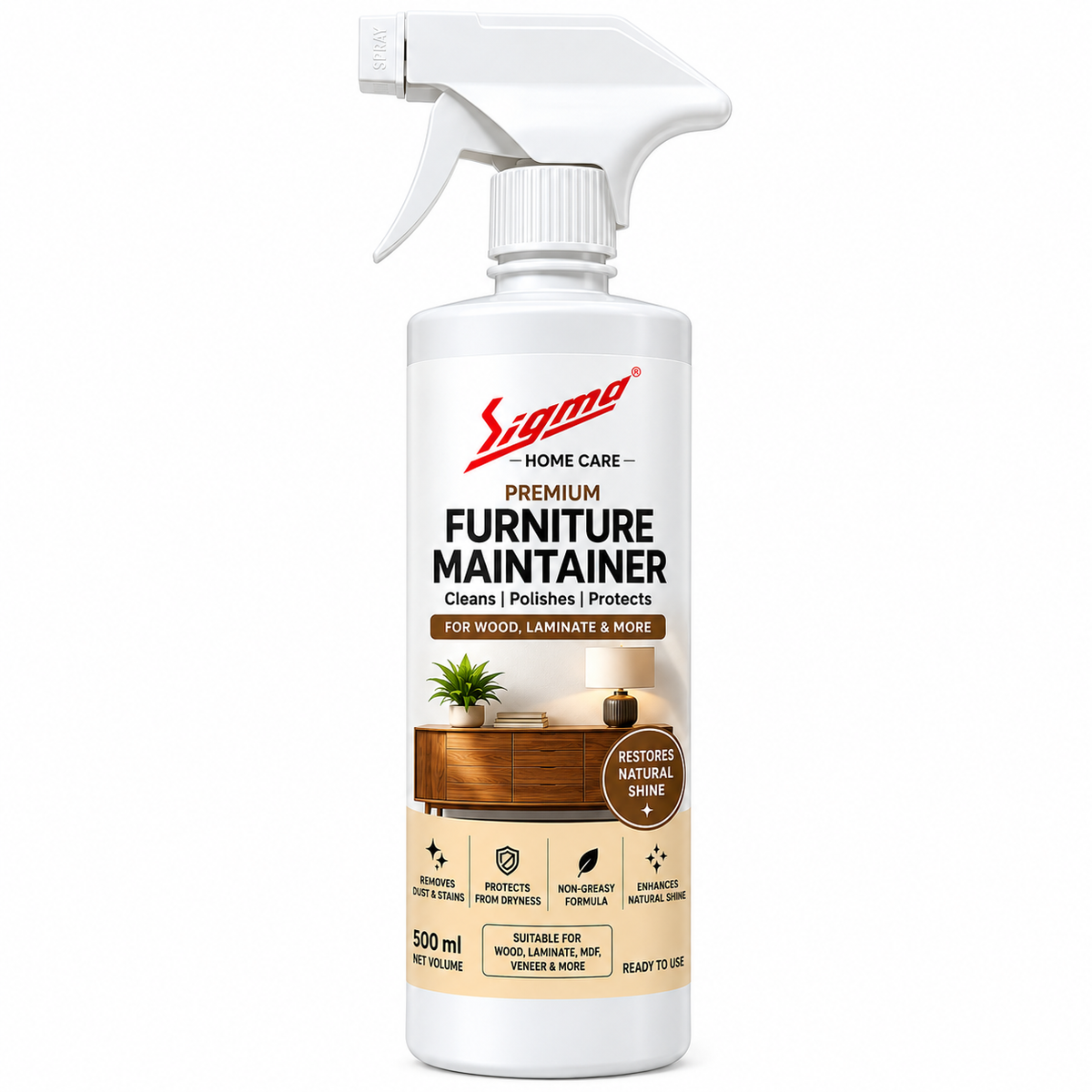 Sigma Premium Furniture Maintainer | Furniture Polish & Cleaner Spray for Wood, Laminate, MDF & Veneer | Cleans, Polishes & Protects | Non-Greasy Formula | Restores Natural Shine | 500 ml