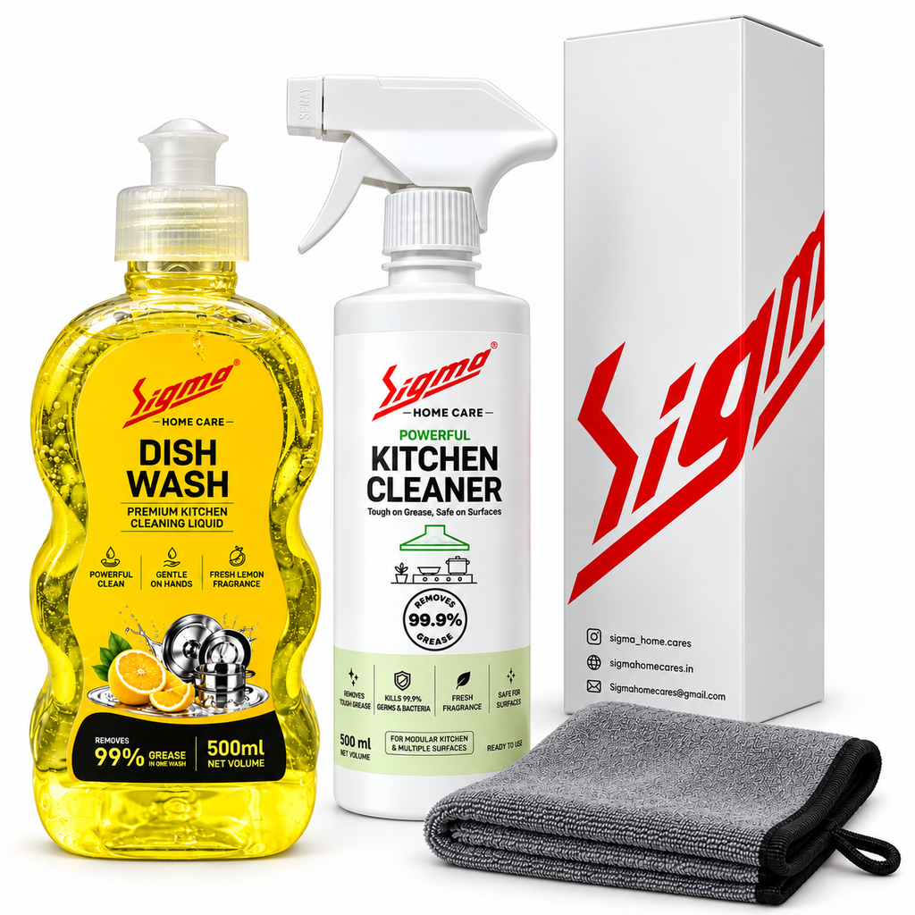 Sigma Home Care Kitchen Master Combo | Dish Wash 500ml + Kitchen Cleaner 500ml + Premium Microfiber Cloth | Complete Kitchen Cleaning Kit