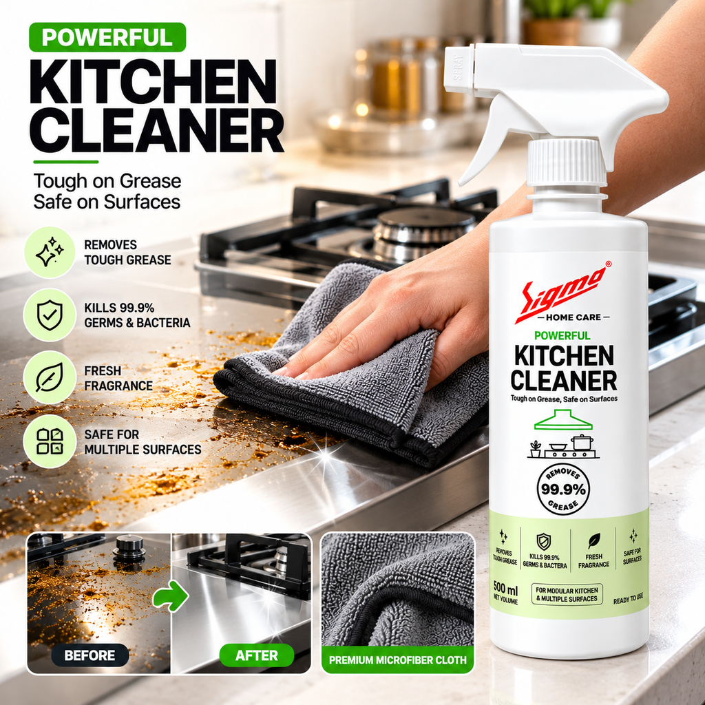 Sigma Home Care Kitchen Master Combo | Dish Wash 500ml + Kitchen Cleaner 500ml + Premium Microfiber Cloth | Complete Kitchen Cleaning Kit