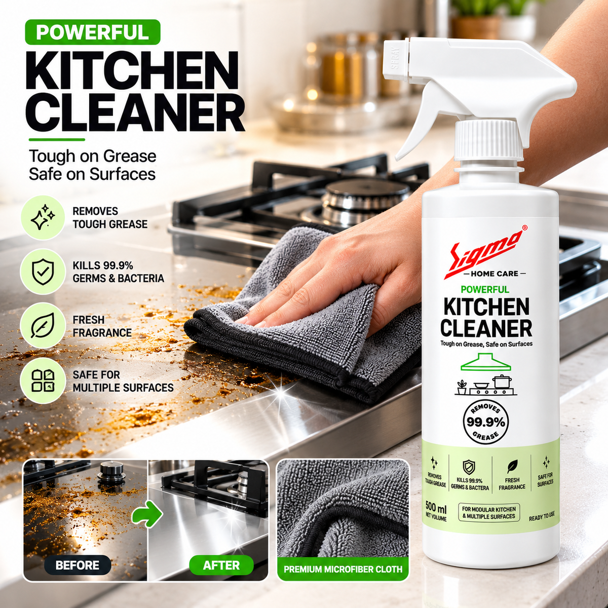 Sigma Home Care Kitchen Master Combo | Dish Wash 500ml + Kitchen Cleaner 500ml + Premium Microfiber Cloth | Complete Kitchen Cleaning Kit