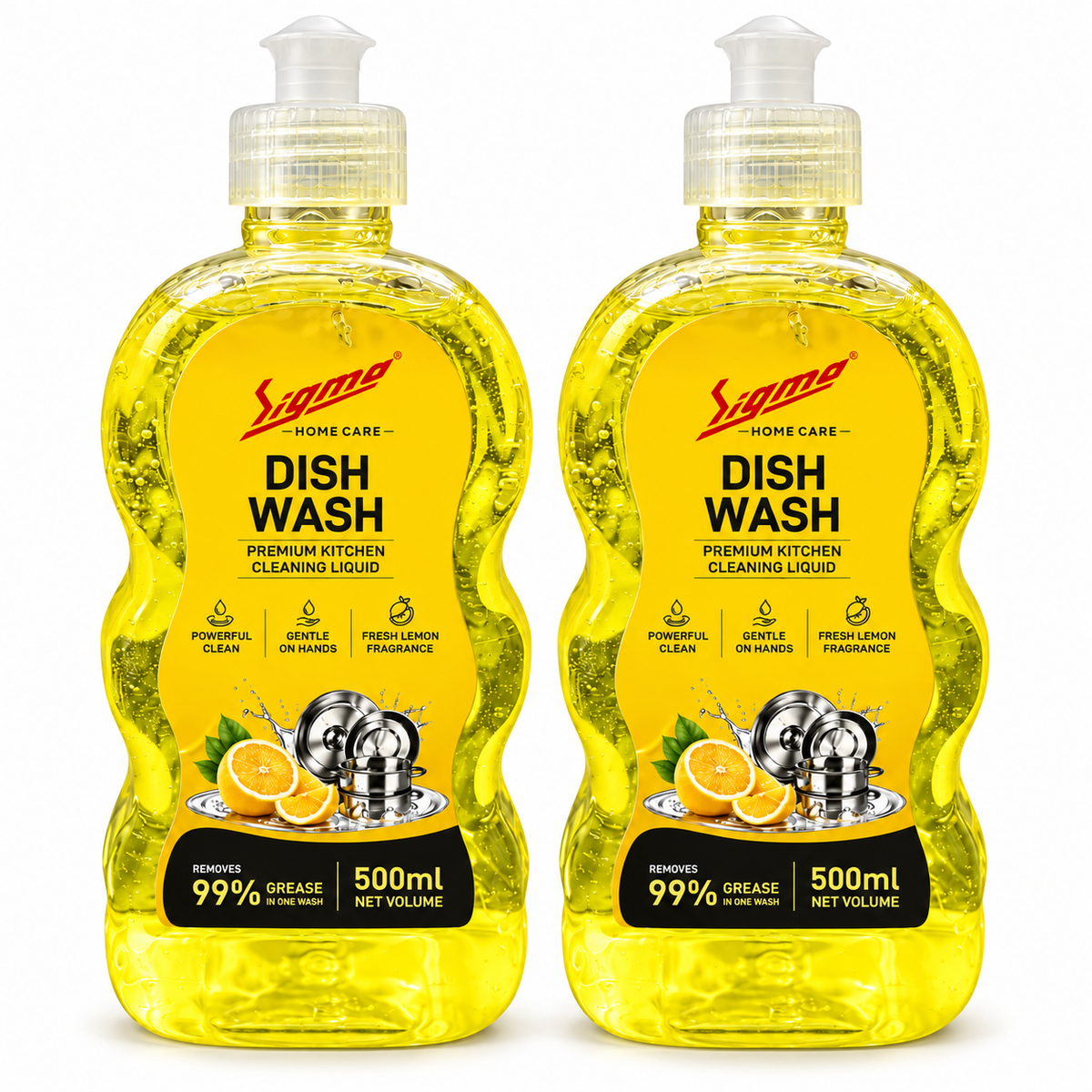 Sigma Cares Dish Wash Liquid 500ml | Powerful Grease Cleaner | Gentle on Hands | Fresh Lemon Fragrance | 99% Grease Removal