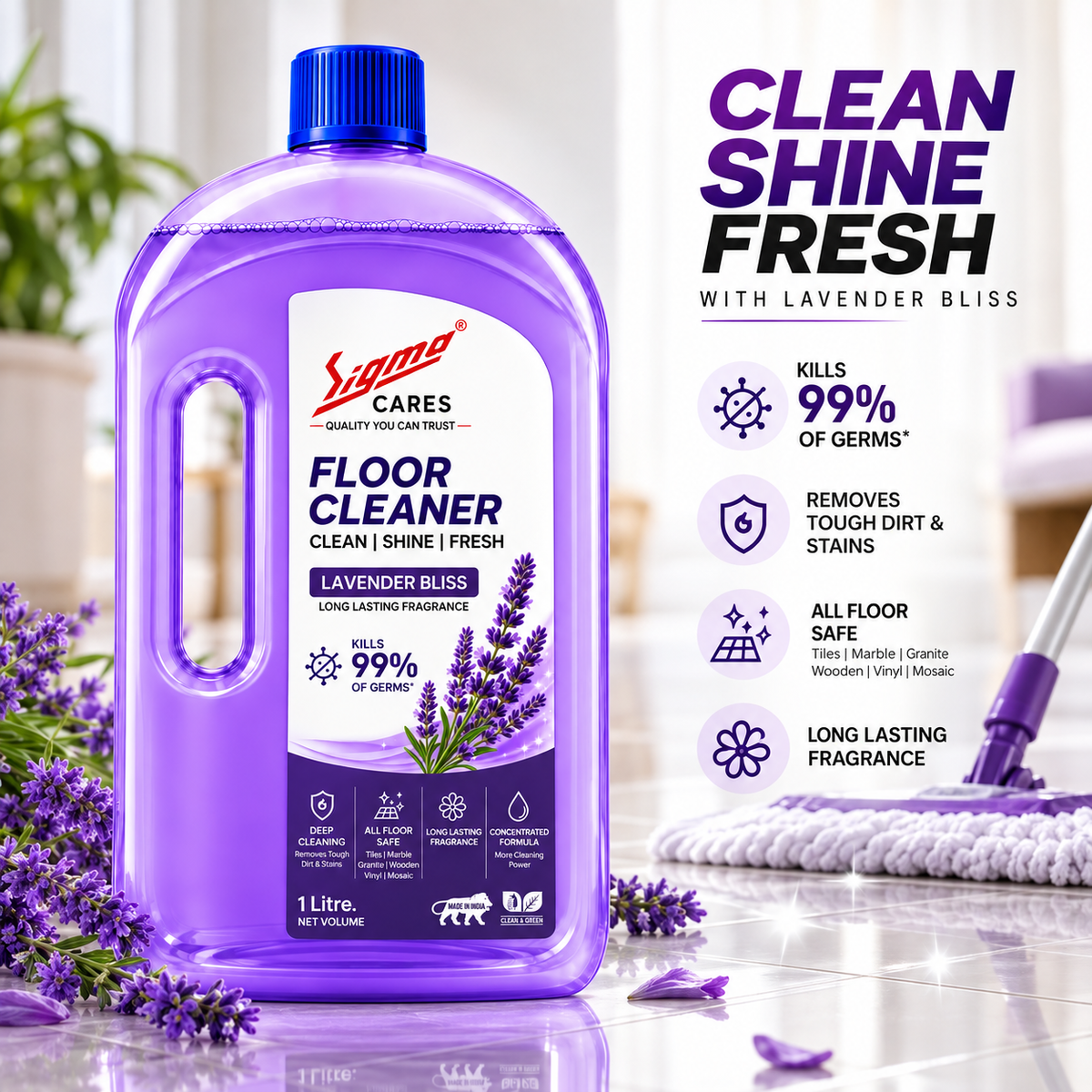 Sigma Cares Floor Cleaner 1 Litre | Lavender Bliss Fragrance | Deep Cleaning Floor Disinfectant | Long Lasting Freshness | All Floor Safe | Removes Dirt & Stains