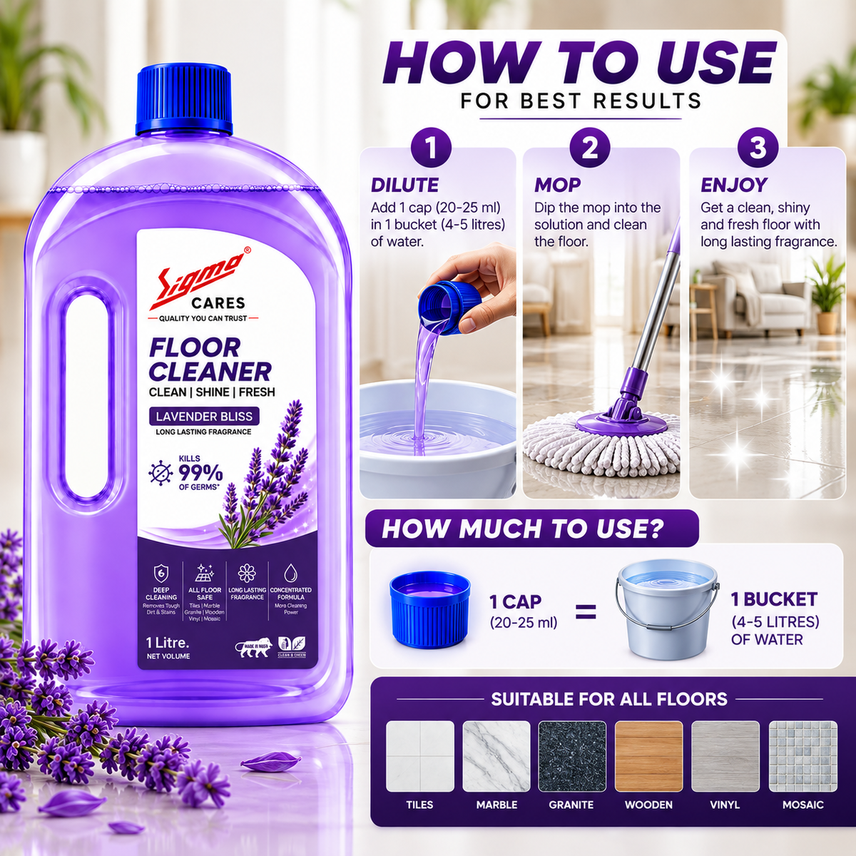 Sigma Cares Floor Cleaner 1 Litre | Lavender Bliss Fragrance | Deep Cleaning Floor Disinfectant | Long Lasting Freshness | All Floor Safe | Removes Dirt & Stains
