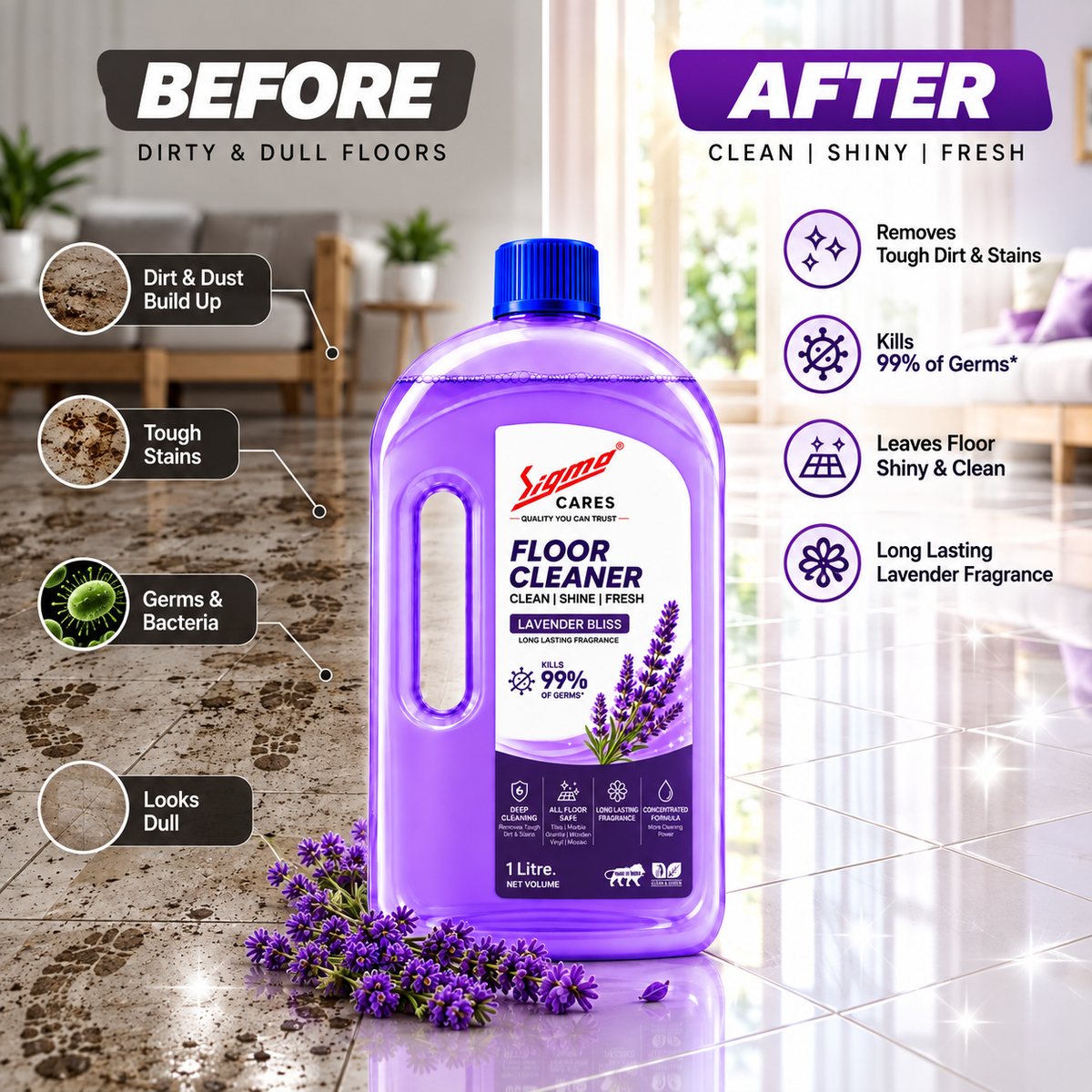 Sigma Cares Floor Cleaner 1 Litre | Lavender Bliss Fragrance | Deep Cleaning Floor Disinfectant | Long Lasting Freshness | All Floor Safe | Removes Dirt & Stains