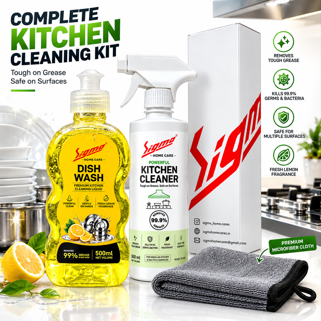 Sigma Home Care Kitchen Master Combo | Dish Wash 500ml + Kitchen Cleaner 500ml + Premium Microfiber Cloth | Complete Kitchen Cleaning Kit