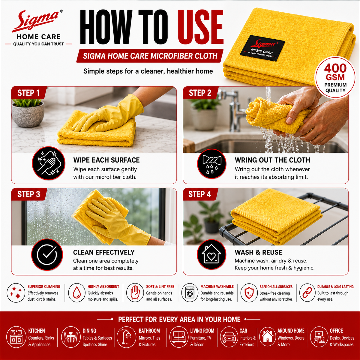Sigma Home Care Premium Microfiber Cleaning Cloth – 400 GSM | 40 × 60 cm | Pack of 2